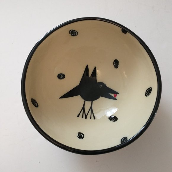 Alison Palmer Pottery Whimsical Black Bird with Heart 7.5 Bowl Signed - Picture 1 of 4